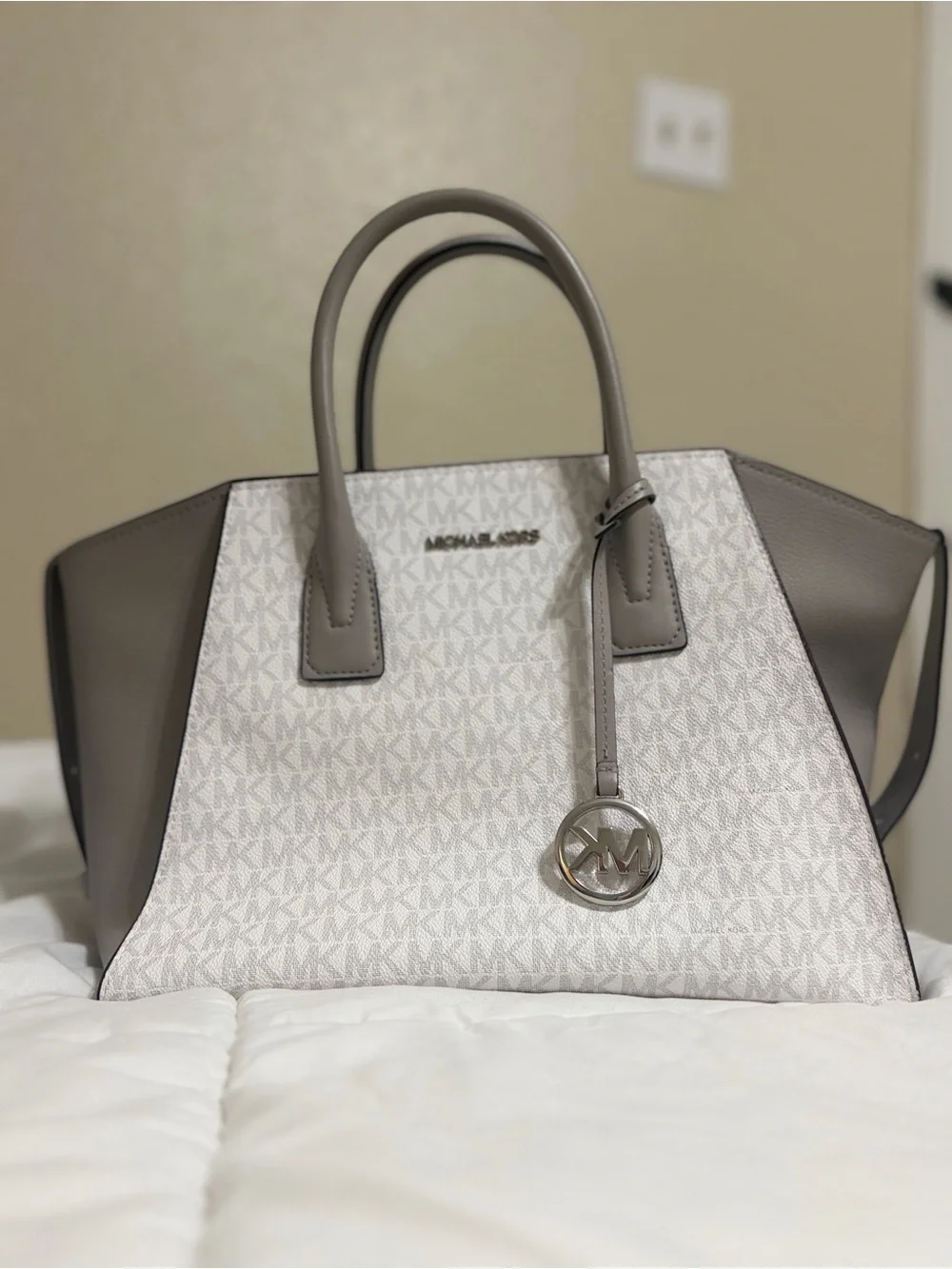 Michael Kors White & Taupe MK Logo Satchel
